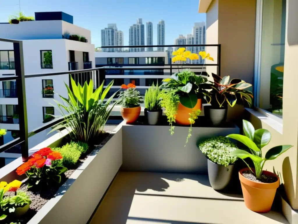 Un jardín urbano equilibrado con plantas vibrantes y flores, reflejando el Feng Shui para huerto urbano