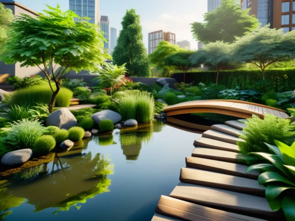 Un jardín urbano inspirado en el Feng Shui, con rocas, un puente de madera sobre un estanque y exuberante vegetación, en contraste con edificios altos