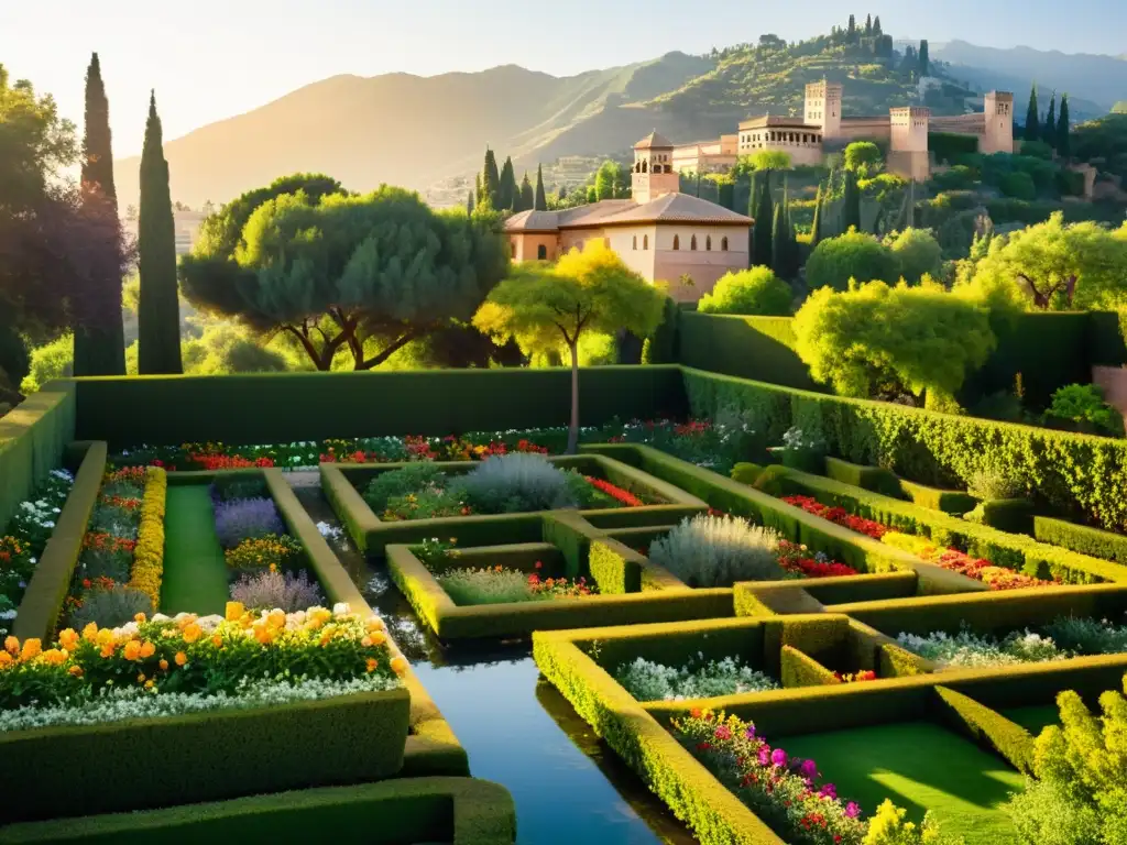 Jardines exuberantes de la Alhambra al atardecer, con patrones geométricos y arquitectura al fondo