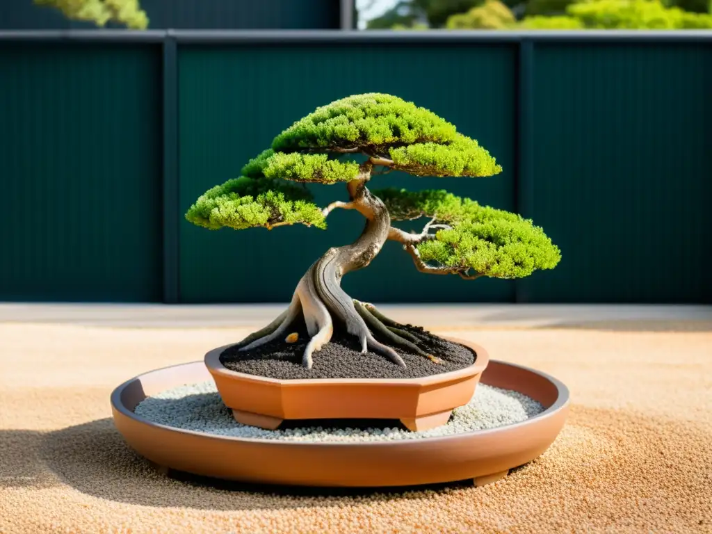 Jardines inteligentes para armonía Feng Shui: Tranquilo jardín zen con bonsái, grava y rocas, transmitiendo serenidad y equilibrio