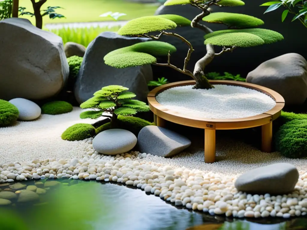 Jardines Zen para armonía interior: Un sereno jardín Zen con grava blanca, rocas, bonsáis y un puente sobre un estanque con peces koi