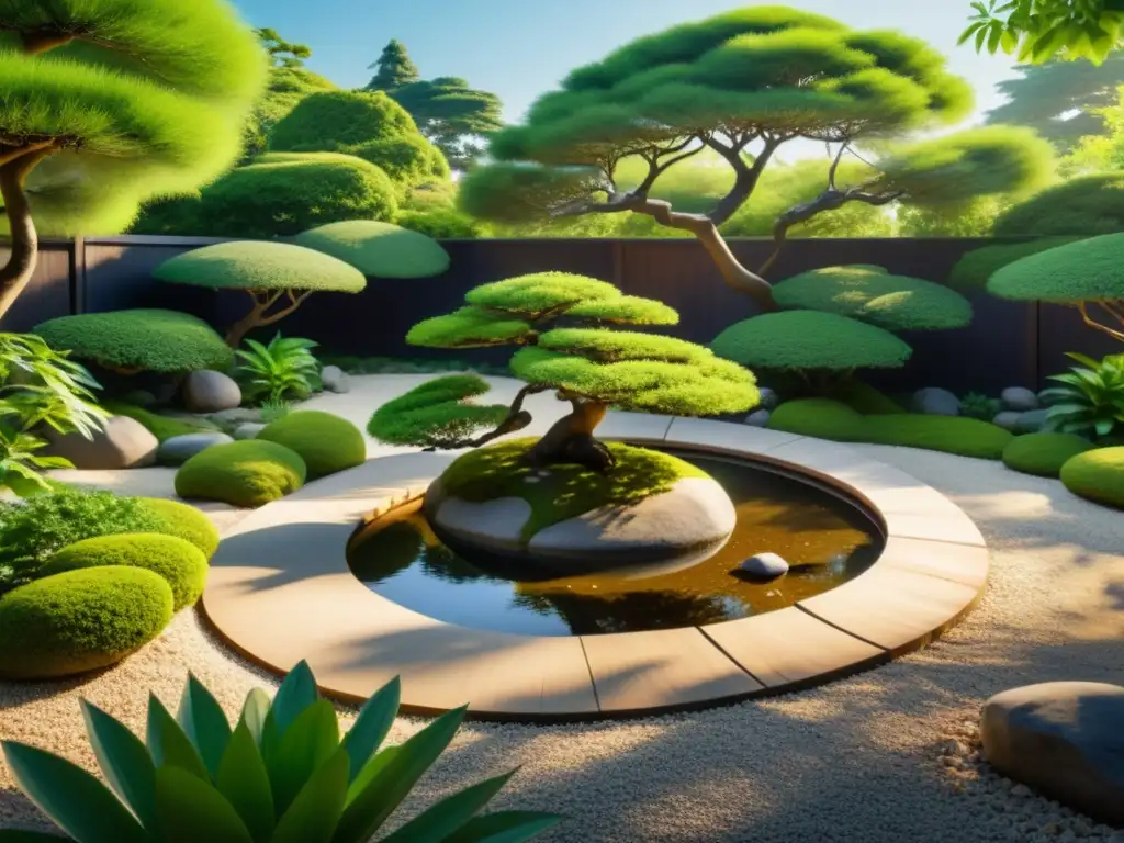 Jardines terapéuticos para armonización Feng Shui, Zen garden con bonsáis, puente de madera sobre estanque y luz filtrada entre hojas