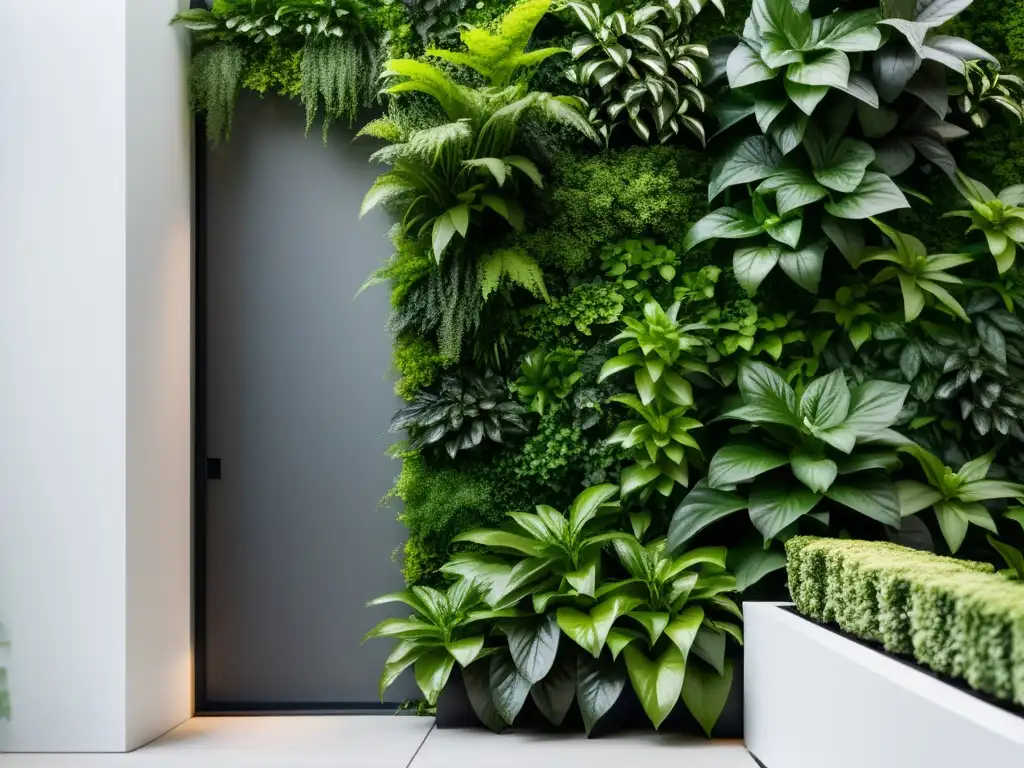 Jardines verticales para armonía energética: un oasis de serenidad con exuberante vegetación en cascada sobre una pared blanca