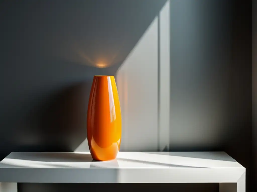 Un jarrón de cerámica naranja brillante destaca en una estantería blanca moderna, creando armonía con los Beneficios del color naranja en Feng Shui