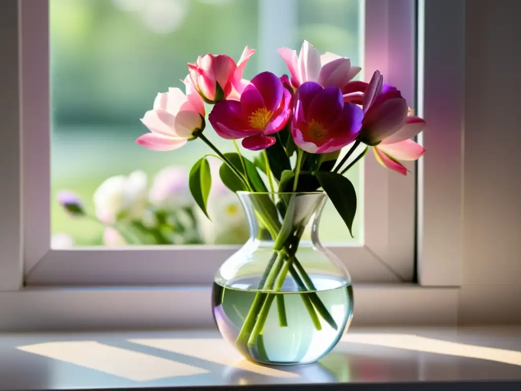 Un jarrón de vidrio elegante con flores frescas para armonía Feng Shui, bañado por la suave luz del sol