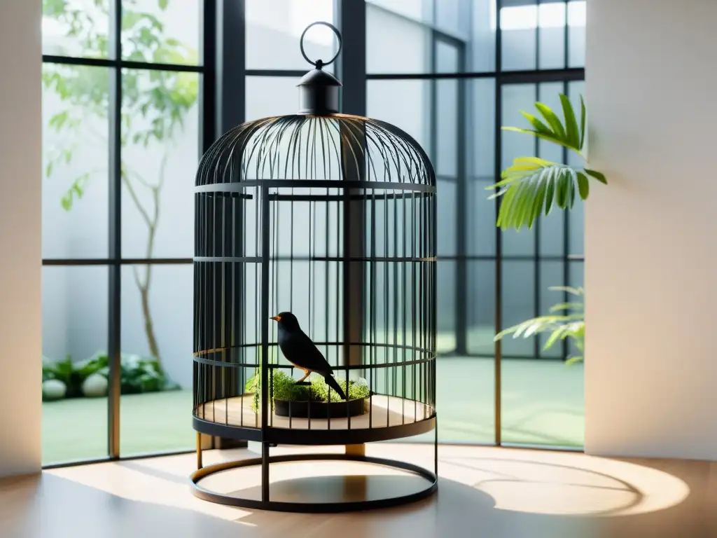 Una jaula de pájaros Feng Shui, elegante y minimalista en una habitación soleada con plantas verdes, creando un ambiente de equilibrio y tranquilidad