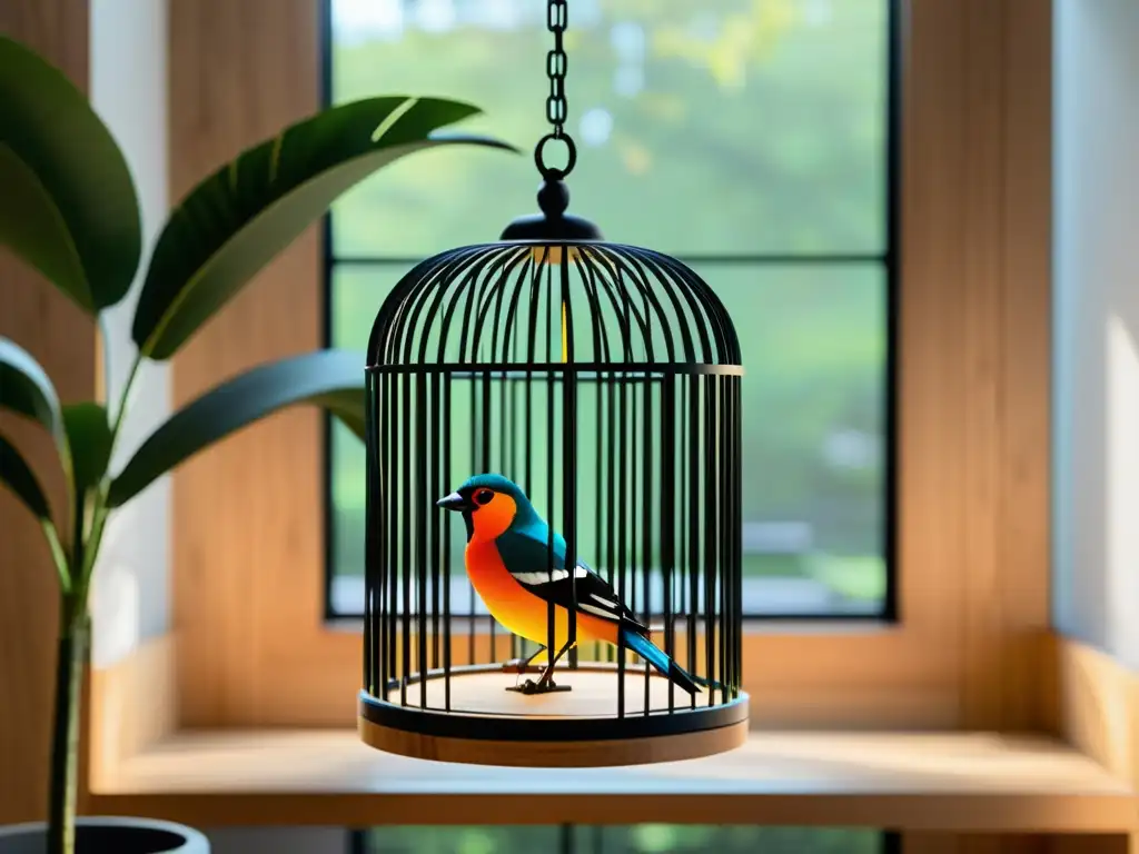 Ubicación de jaulas Feng Shui: Imagen de una jaula minimalista en un ambiente armonioso y lleno de vida con un pájaro colorido