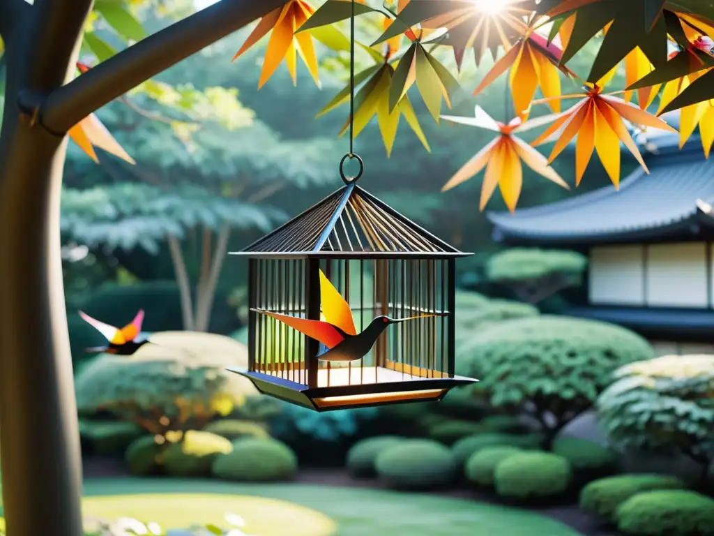 Ubicación de jaulas Feng Shui: Jaula de metal con grullas de papel en jardín japonés sereno