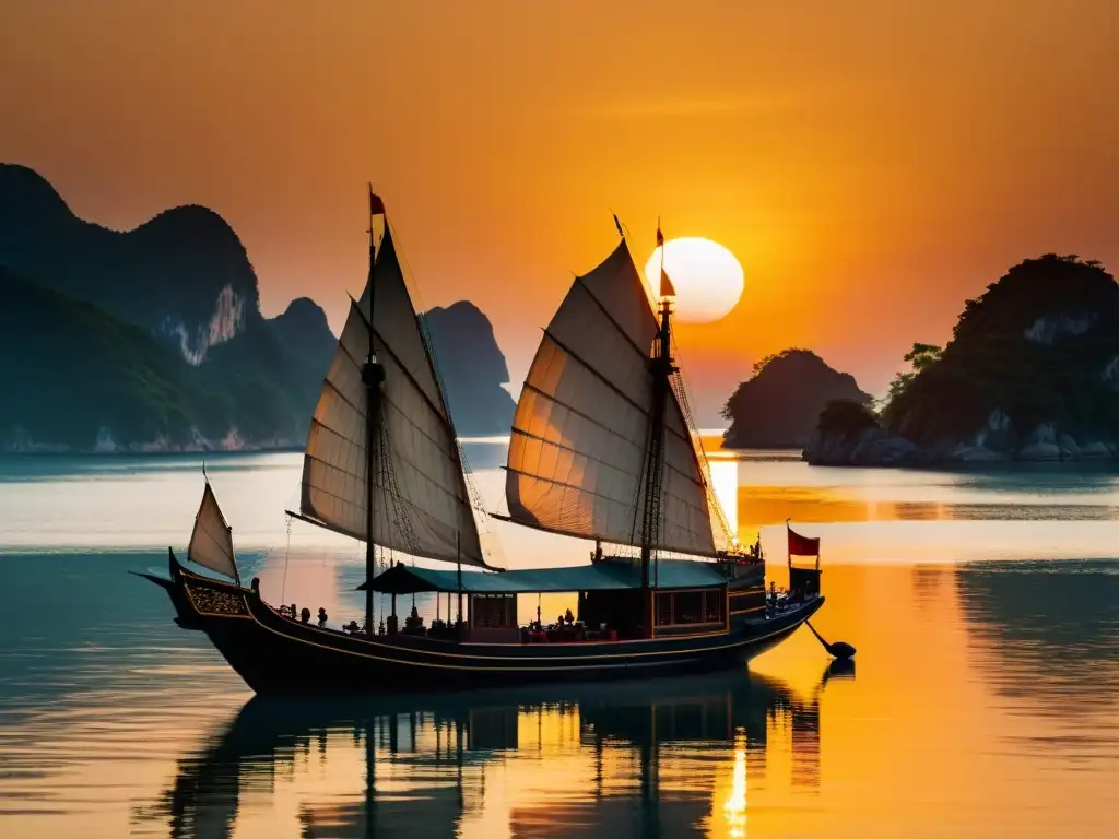Barco tradicional chino navegando al atardecer Un junco chino navegando en aguas tranquilas al atardecer, evocando los secretos de la navegación Feng Shui y la tradición milenaria