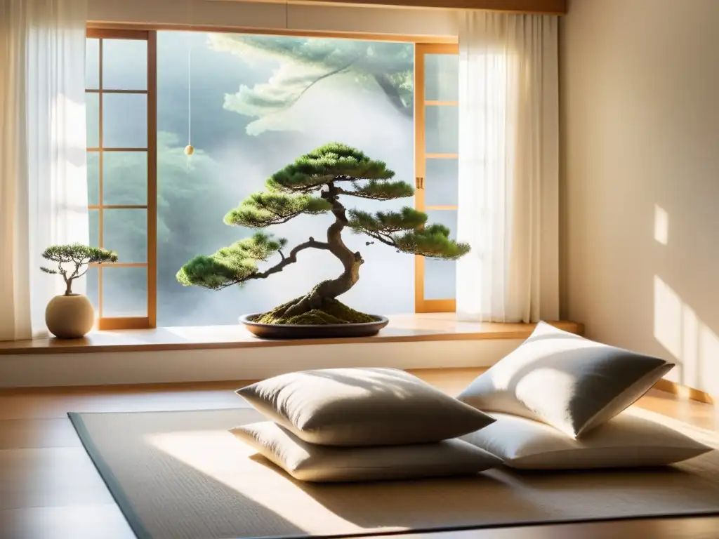 Un rincón de lectura acogedor con mesa japonesa, cojines en el suelo y una gran ventana iluminada