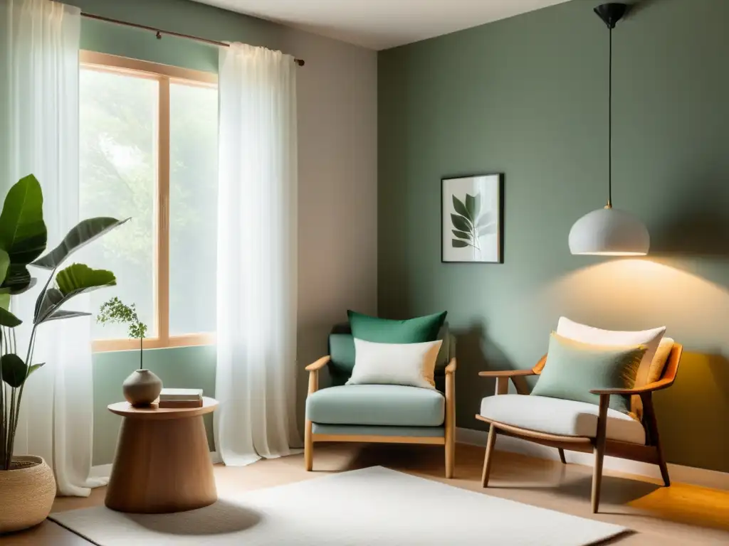 Rincón de lectura armonizado Feng Shui con mesa baja de madera, sillón cómodo, manta suave, lámpara de piso y planta verde