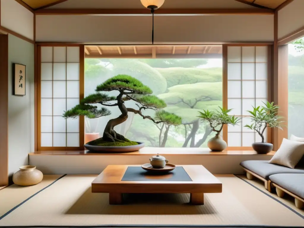 Rincón de lectura armonizado Feng Shui con mesa baja de madera, cojines y bonsái junto a la ventana iluminada y cortinas blancas