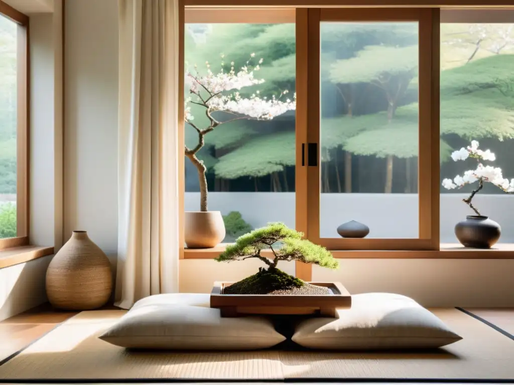 Un rincón de lectura armonizado Feng Shui con mesa baja de estilo japonés, cojines en tonos tierra, luz natural y decoración minimalista