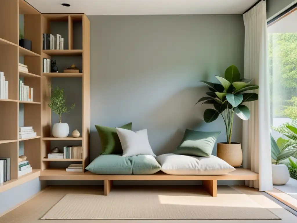 Rincón de lectura armonizado Feng Shui con mesa baja japonesa, cojines en el suelo, estantería minimalista y ventana luminosa