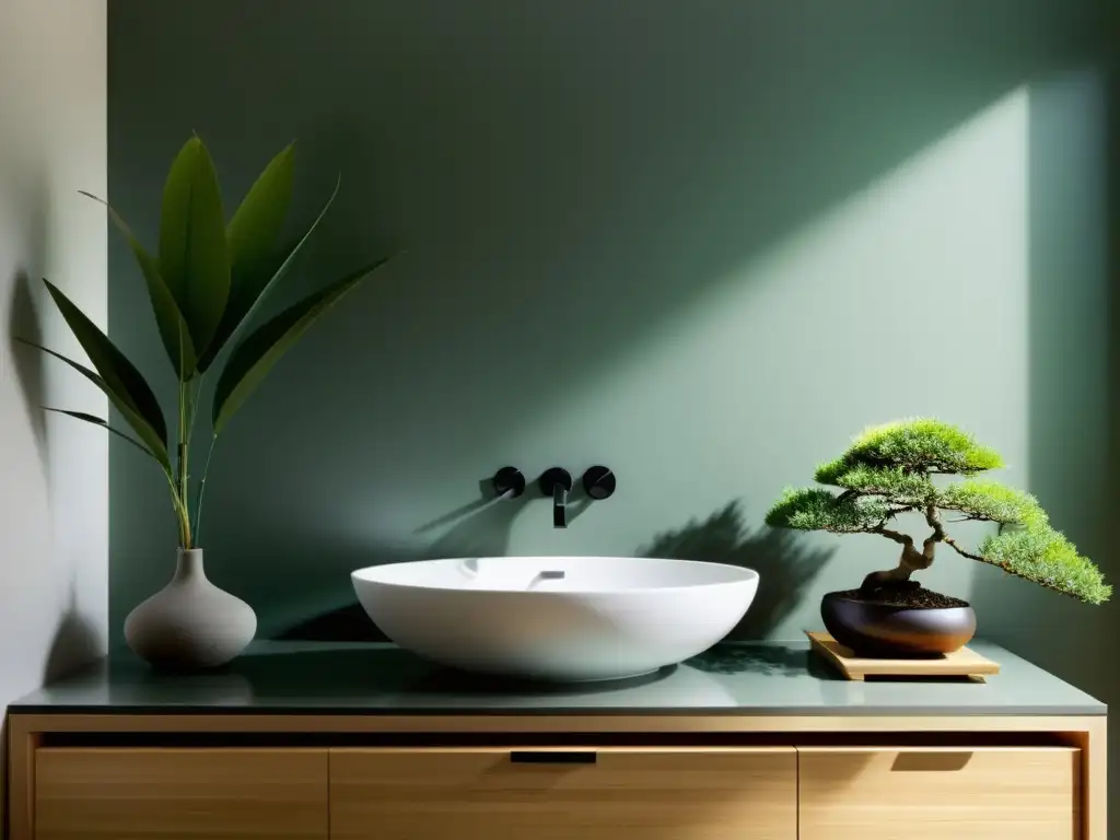 Implementar el Feng Shui en la limpieza diaria: un baño sereno con líneas limpias, elementos naturales y una atmósfera equilibrada