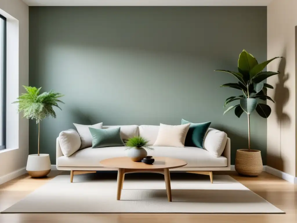 Implementar el Feng Shui en la limpieza diaria: Sala minimalista serena con luz natural, muebles elegantes y planta verde