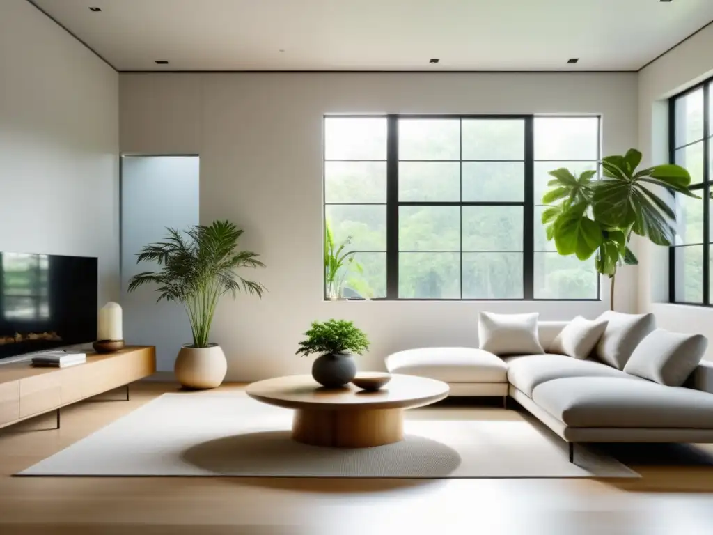 Implementar el Feng Shui en la limpieza diaria: Sala de estar serena y minimalista con equilibrio de elementos y luz natural