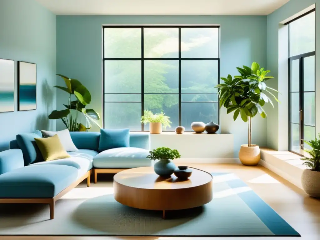 Limpieza energética para mascotas Feng Shui: Sala minimalista con suave luz natural, colores relajantes y armonía en la decoración