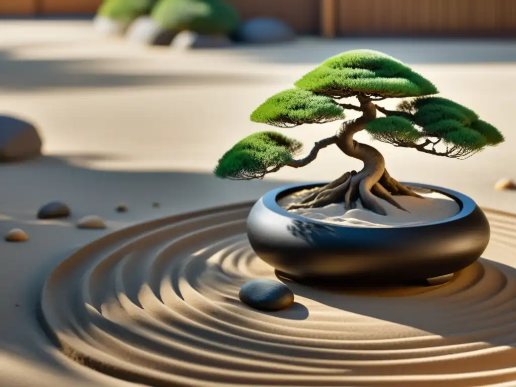 Un jardín zen con líneas cuidadosamente rastrilladas en la arena, rodeado de piedras lisas y un árbol bonsái perfectamente colocado