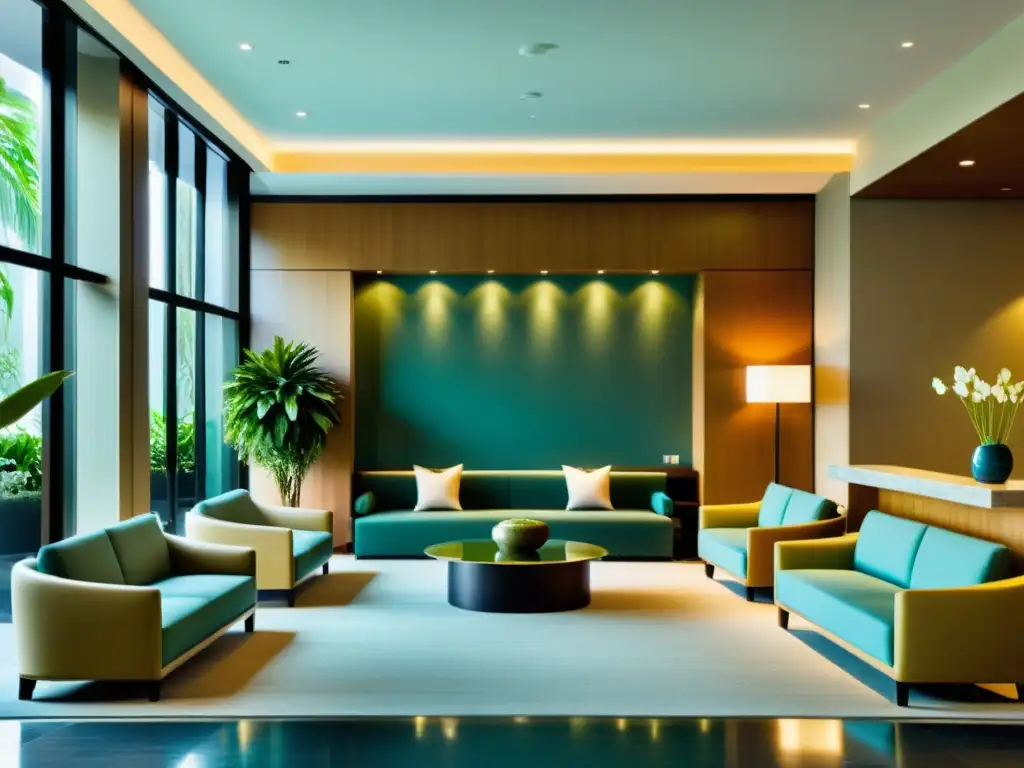 Un lobby de hotel armonioso y relajante, diseñado con principios de Feng Shui para crear tranquilidad en las zonas comunes del hotel