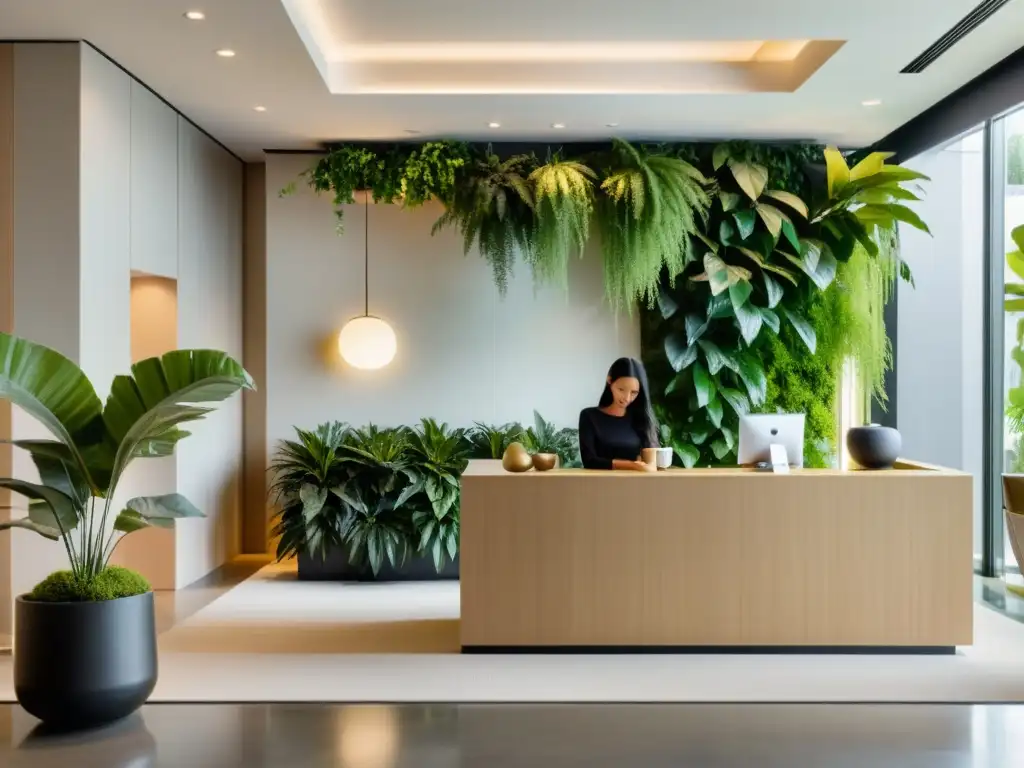 Un lobby de hotel boutique con diseño minimalista y armonía entre modernidad y elementos naturales