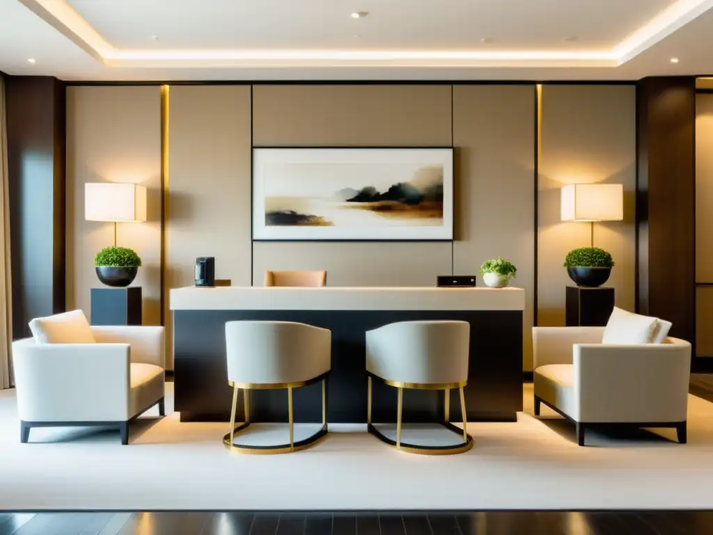 Un lobby de hotel elegante con diseño minimalista y armonía Feng Shui para recepciones hoteleras