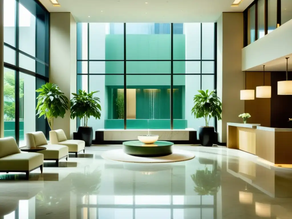 Un lobby de hotel de lujo con decoración inspirada en el Feng Shui, suelo de mármol, una fuente tranquila y mobiliario minimalista