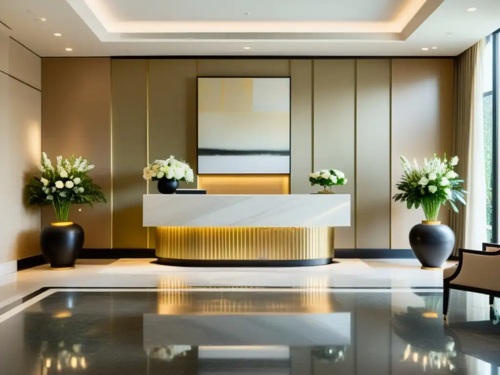 Un lobby de hotel de lujo con diseño minimalista y armonía Feng Shui en hotelería de lujo