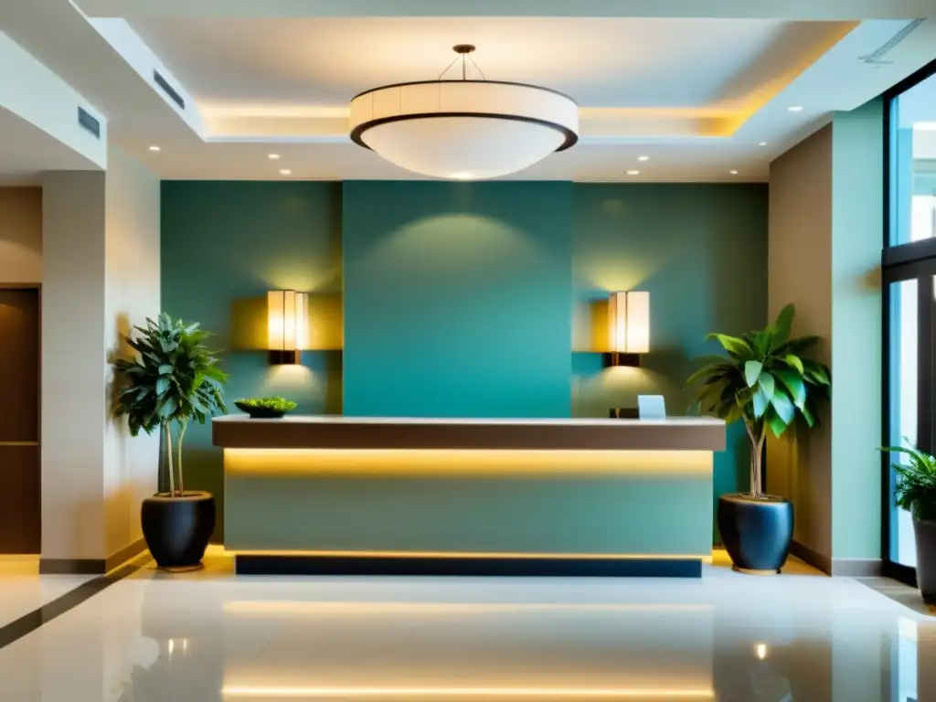 Un lobby de hotel con diseño Feng Shui, equilibrio, luz suave y paleta de colores relajante, evocando armonía y tranquilidad