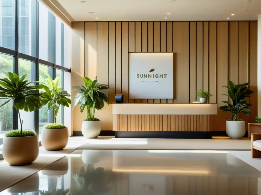 Un lobby de hotel boutique con Feng Shui, armonía y serenidad en tonos neutros y mobiliario de madera natural, iluminado por luz natural