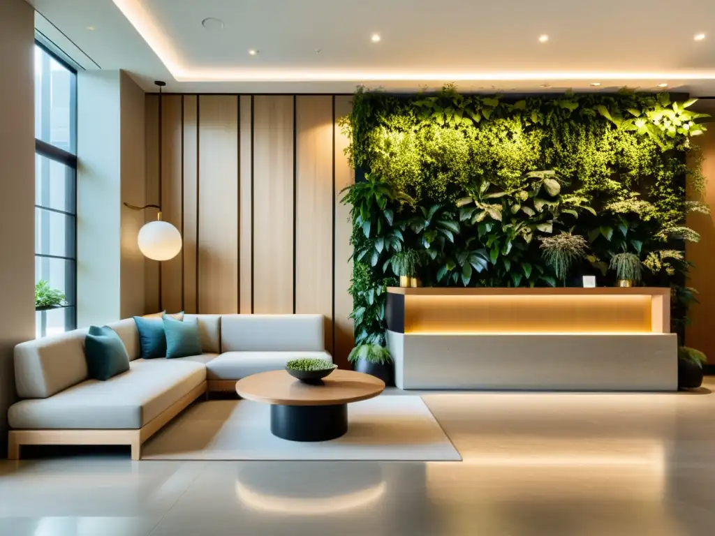 Un lobby de hotel sereno y minimalista con un diseño Feng Shui, con líneas limpias, colores neutros y materiales naturales como madera y piedra