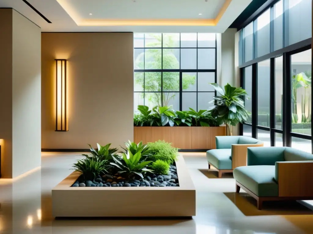 Un lobby de hotel sereno y minimalista con un equilibrado y armonioso diseño Feng Shui