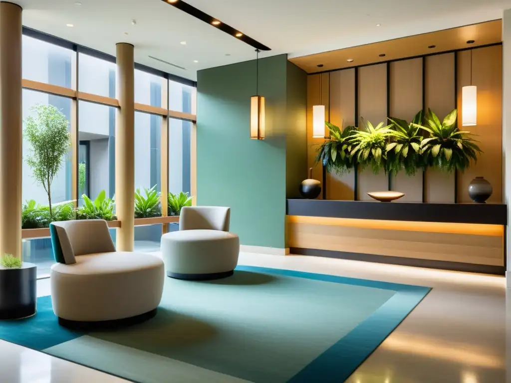 Un lobby de hotel sereno y minimalista con diseño equilibrado y armonioso Feng Shui