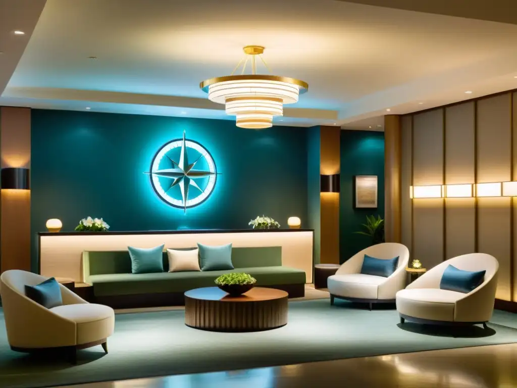 Un lobby de hotel sereno con decoración minimalista y armoniosa, invitando a experimentar el Feng Shui en hoteles para satisfacción