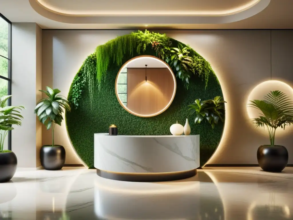 Un lobby minimalista con diseño Feng Shui en un hotel, iluminación suave y jardín interior exuberante