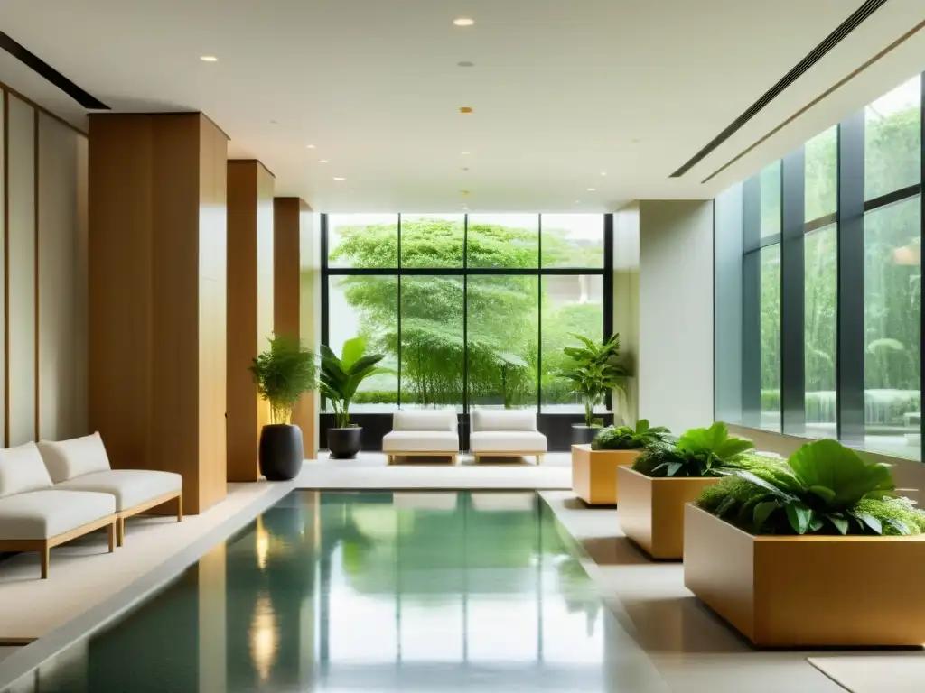 Lobby sereno con luz natural y jardín interior Un lobby sereno de hotel boutique con decoración minimalista y luz natural