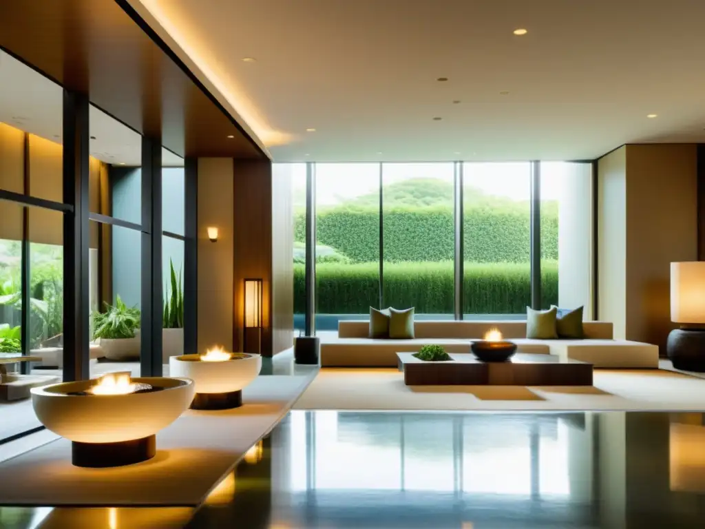 Recepción de hotel serena y minimalista con luz natural y jardín zen Un lobby sereno y minimalista en un hotel boutique, con luz natural y elementos de feng shui para optimización del Chi