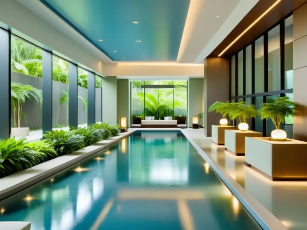 “Lobby de spa de hotel minimalista con influencia Feng Shui, fuente de agua y vegetación exuberante en tonos suaves de azul y verde