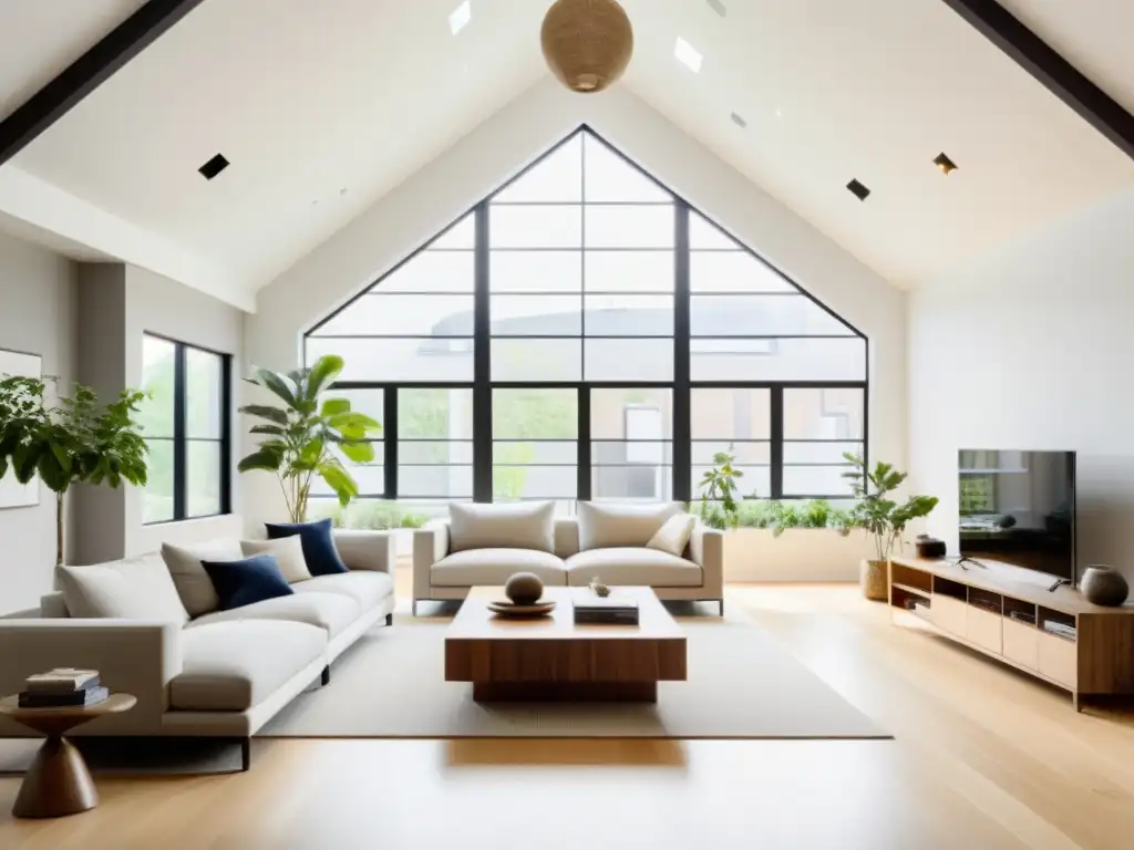 Un loft minimalista con decoración equilibrada Feng Shui, inundado de luz natural a través de enormes ventanas