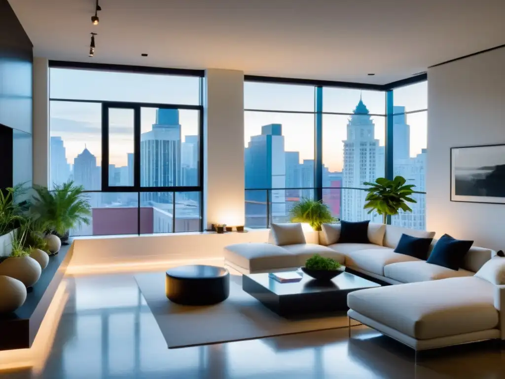 Un loft urbano espacioso con diseño Feng Shui, iluminado por luz natural y con vistas a la ciudad