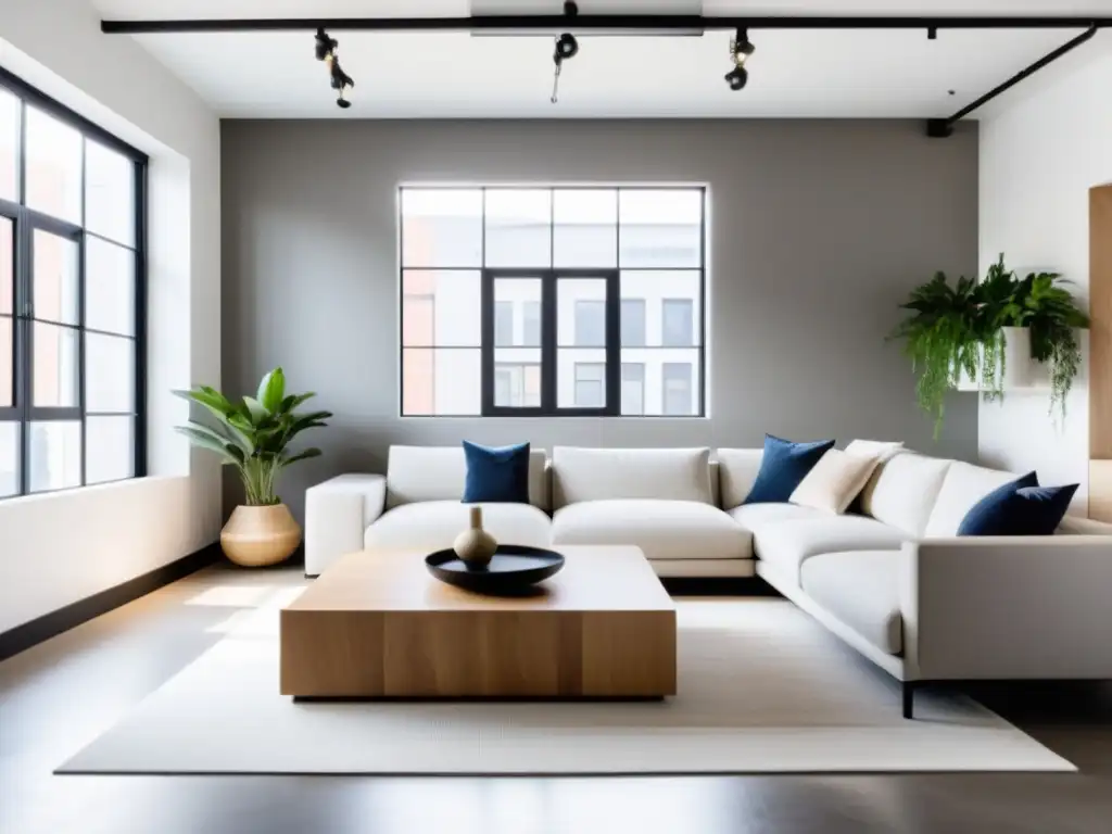 Un loft urbano minimalista con elementos Feng Shui, como luz natural, plantas y mobiliario equilibrado