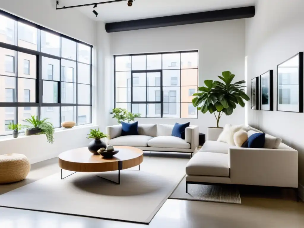 Un loft urbano minimalista con mobiliario y decoración siguiendo principios del Feng Shui, promoviendo flujo de energía positiva