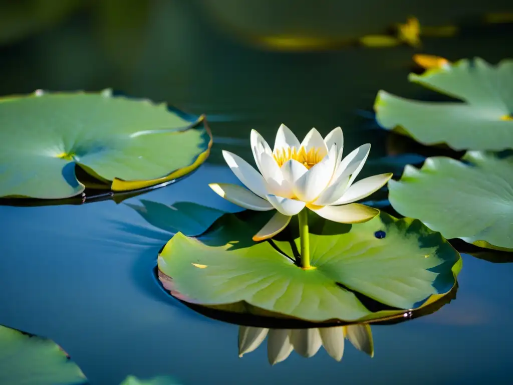 Un loto blanco resplandece sobre el agua tranquila, reflejando paz y pureza