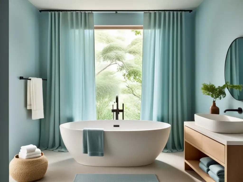 Baño zen con atmósfera feng shui, luz natural, aromas y serenidad en tonos suaves