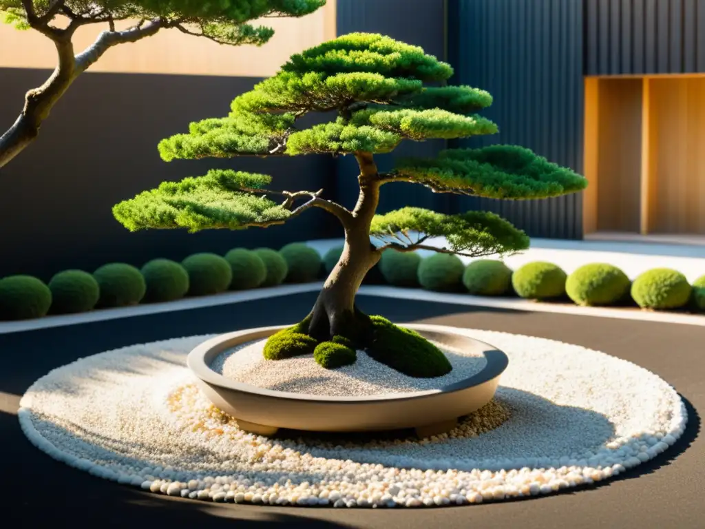 Un jardín zen con diseño Feng Shui, luz y sombras, evocando equilibrio y armonía