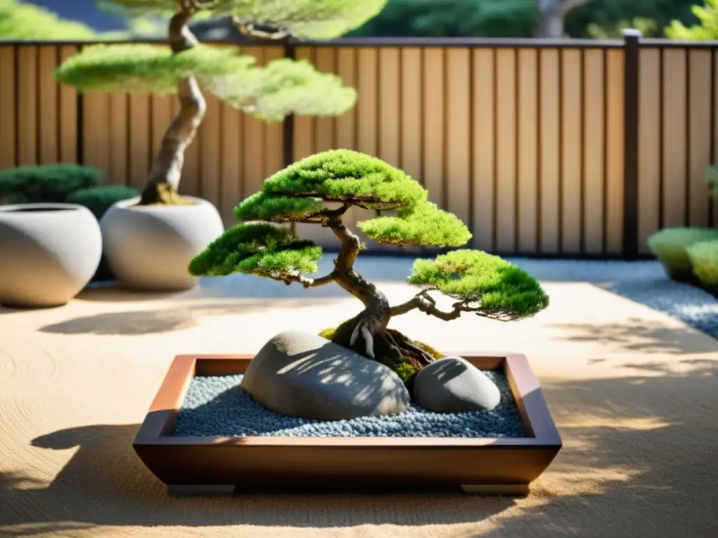 Jardín Zen con bonsái en maceta, piedras y cerca de madera