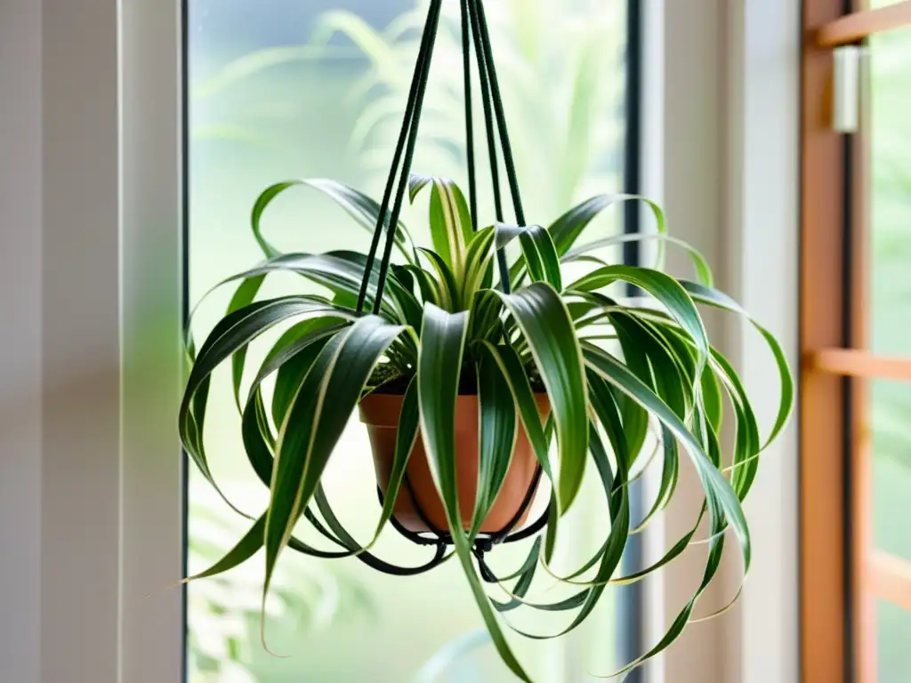 Un macramé elaborado sostiene una exuberante planta araña delante de una ventana iluminada, purificando la energía de la casa