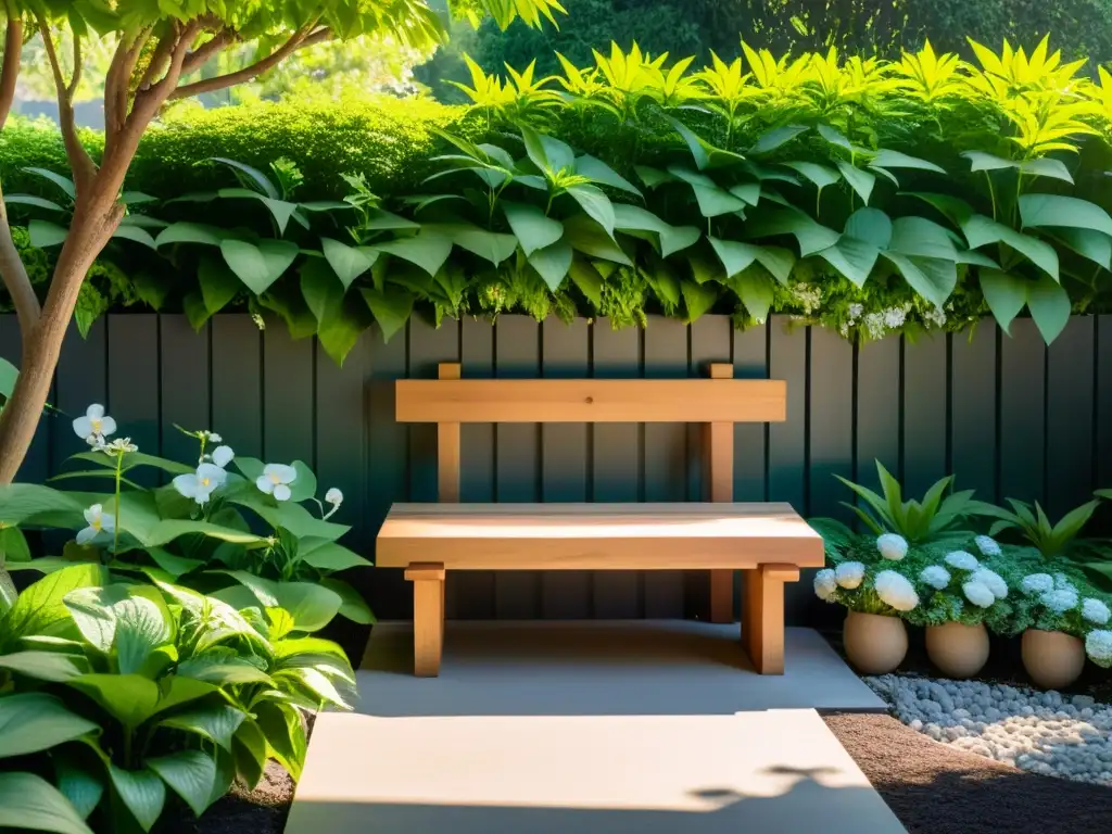 Un rincón de meditación en jardín: banco de madera rodeado de vegetación exuberante y flores en un ambiente tranquilo