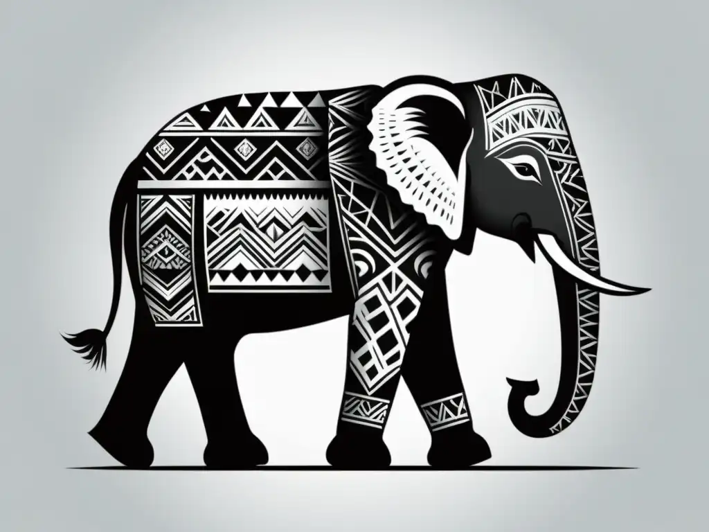 Una majestuosa ilustración en blanco y negro de un elefante con patrones geométricos, evocando fuerza y tranquilidad