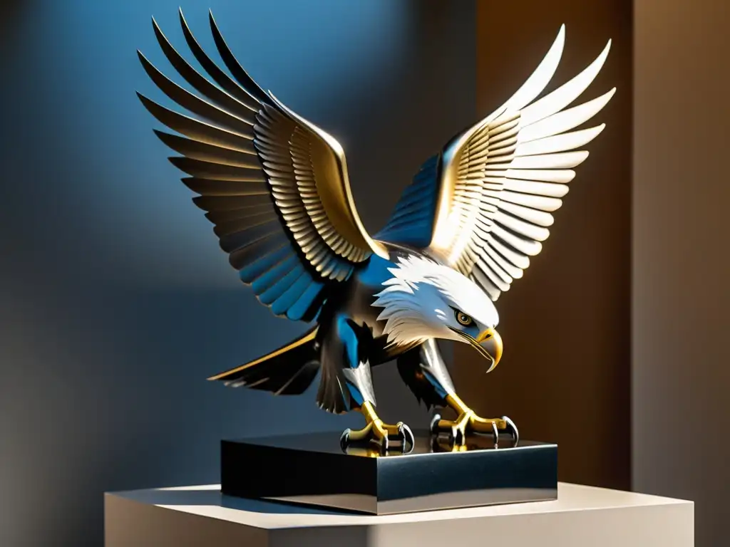 Una majestuosa escultura de águila en metal pulido, capturando su poder y gracia